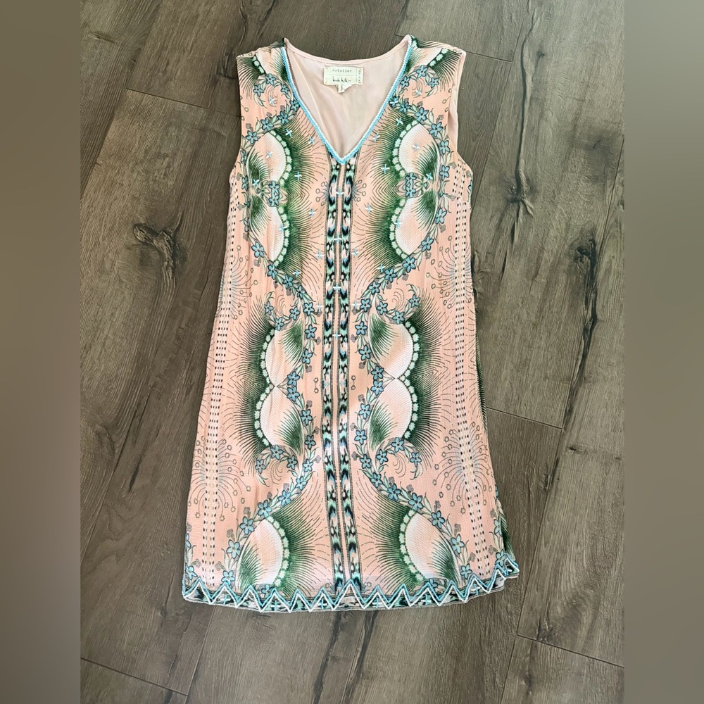 Nicole Miller Pink Dress with Green & Aqua Print